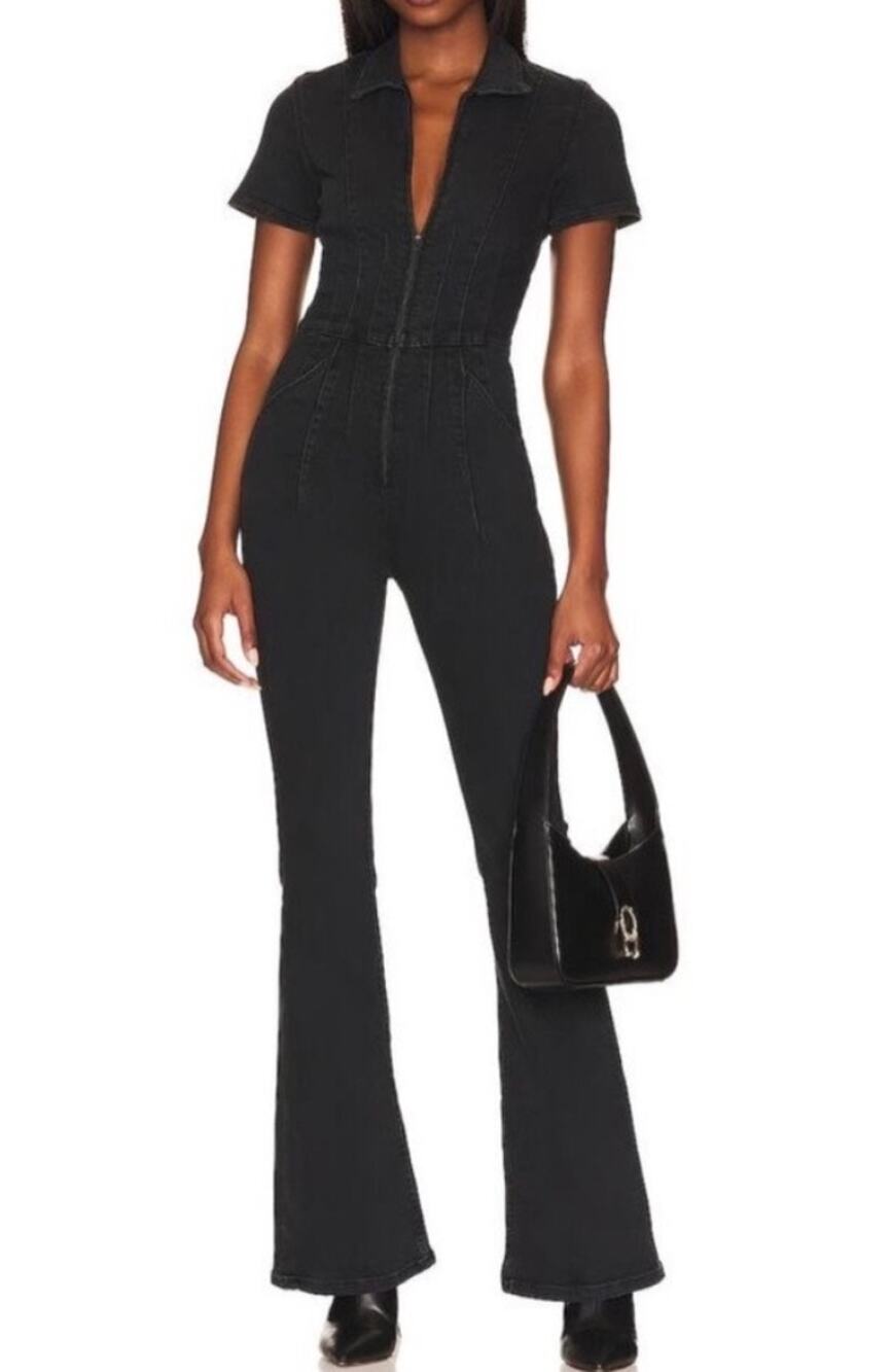 Free People We The Free Jayde Flare Denim Jumpsuit Small Black Gray Stretch